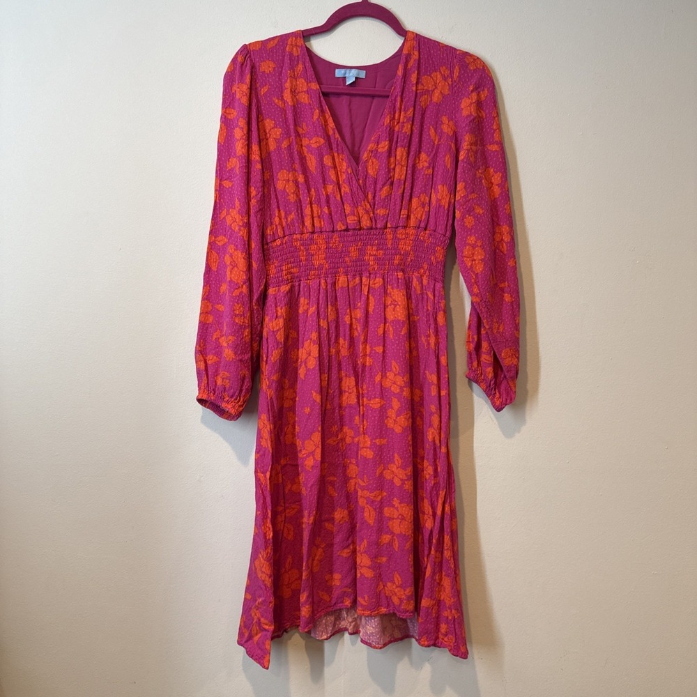 Draper James Small Pink‎ Orange Floral Smocked Waist Midi Dress Boho Cottagecore